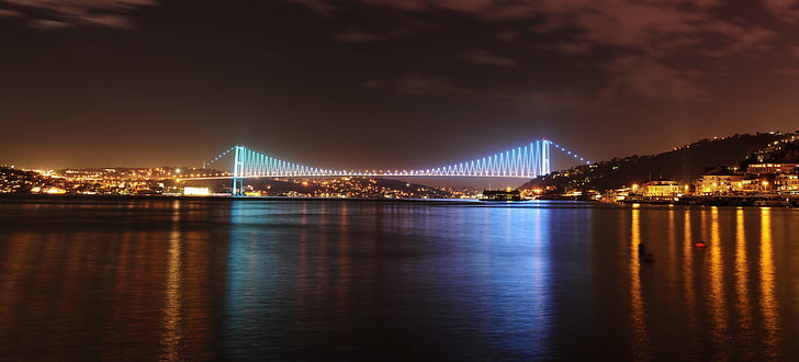 lighted bridge, the sky, clouds, night, city, the city, lights, ships, sky, Sea of Marmara, The sea of Marmara, Istanbul Turkey, the Bosphorus panoramic view, Bosphorus bridge panoramic view, HD wallpaper