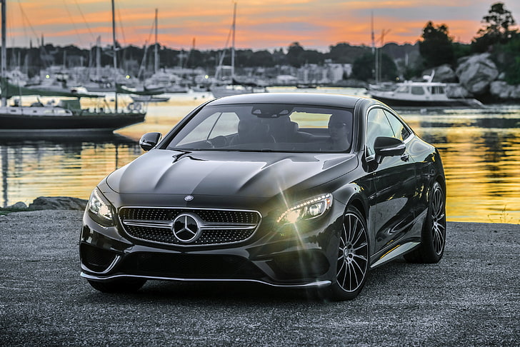 black Mercedes-Benz coupe, shore, Mercedes-Benz, yacht, malam, Mercedes, AMG, Black, 2014, S 550, S-Class, C217, Wallpaper HD