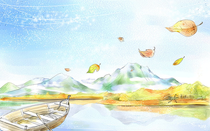 brown boat illustration, leaves, mountains, boat, figure, HD wallpaper