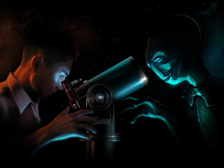 человек смотрит на серый телескоп с инопланетянином перед ним цифровые обои, фантастика, инопланетяне, ученые, космос, мужчины, произведения искусства, HD обои