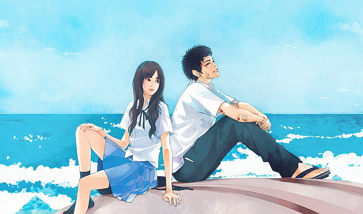 anime, beautiful, blue, boy, couple, girl, hair, long, love, original, school, sea, summer, uniforms, HD wallpaper