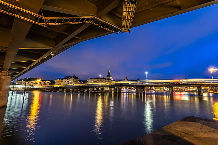 photography of structural building at night, sweden, sweden, View, old town, Stockholm, Sweden, photography, structural, building, at night, bridge, bridges, buildings, city, clouds, europe, konica minolta, landscape, light, long exposure, night, old, photo, reflections, river, sea, sky, sony a7, town, trails, train  travel, urban, Stockholms län, architecture, bridge - Man Made Structure, famous Place, cityscape, urban Scene, dusk, HD wallpaper
