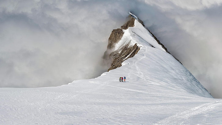 mountain, snow, beautiful, people, winter, clouds, HD wallpaper
