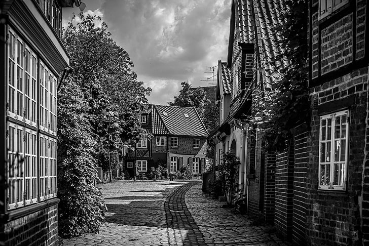 architecture, black and white, building, daylight, exterior, facade, home, house, old town, outdoors, pavement, plants, road, street, town, village, vintage, windows, HD wallpaper