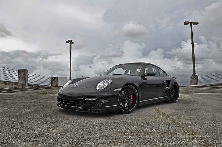 Porsche 911 coupé nera, cielo, nuvole, nero, 997, luci, porsche, carerra, blacjkparking / порше, carrera, Sfondo HD