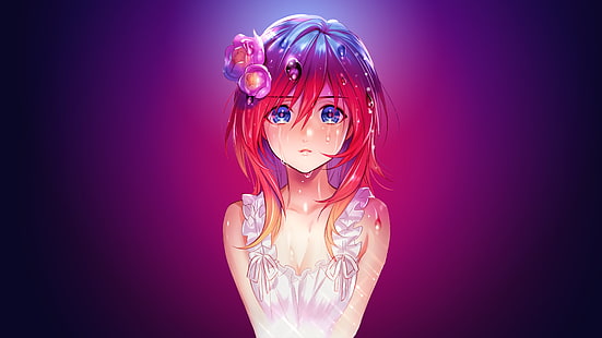 rothaarige weibliche Anime Charakter digitale Tapete, Anime, Anime Mädchen, lange Haare, Rotschopf, blaue Augen, offenes Hemd, nass, Wassertropfen, HD-Hintergrundbild HD wallpaper