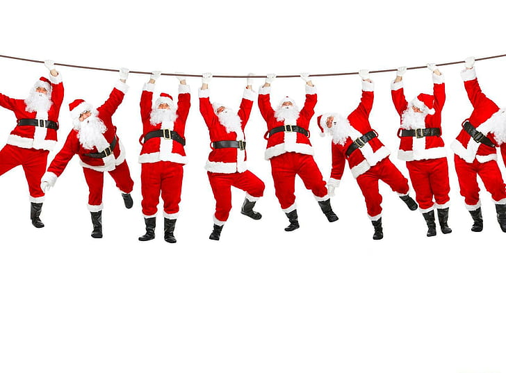 サンタクロース、ロープ、重量を量る、白い背景、クリスマス、休日、ロープにぶら下がっているサンタクロース、サンタクロース、ロープ、重量を量る、白い背景、クリスマス、休日、 HDデスクトップの壁紙