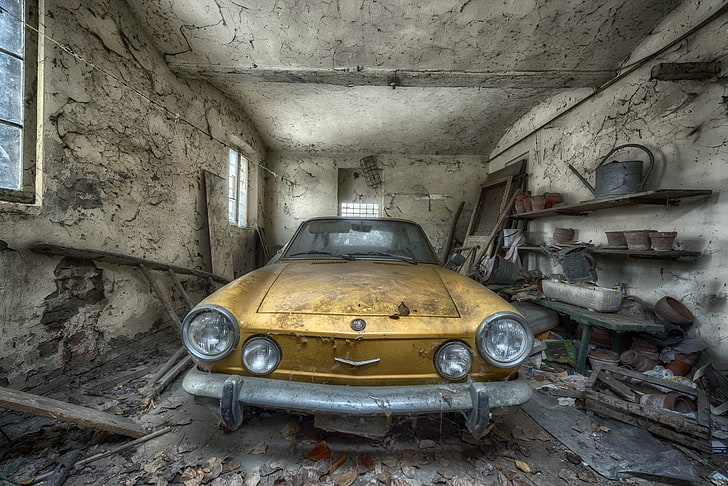 古い、車、黄色の車、車両、フィアット、 HDデスクトップの壁紙