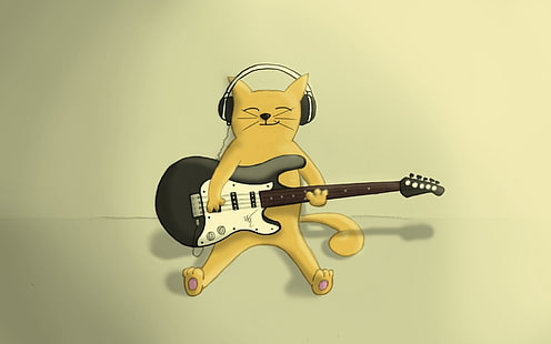 yellow cat playing electric guitar wallppaer, cat, guitar, playing, drawing, HD wallpaper HD wallpaper
