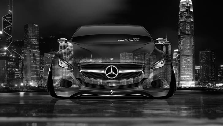 Mercedes-Benz, Auto, Night, The city, Machine, Mercedes, Black And White, City, Car, Art, Photoshop, Design, Front, F800, Black, Style, White, s, Gray, Silver, Benz, 2014, Crystal, el Tony Cars, Transparent, Tony Kokhan, Front View, HD wallpaper