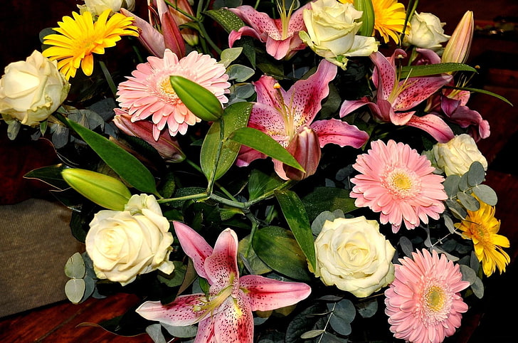 pink and yellow Gerbera daisies, pink stargazer lilies, and white roses centerpiece, roses, gerberas, lilies, flower, leaf, HD wallpaper