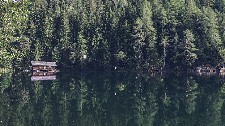 Natur, Wasser, Bäume, Haus, Kabine, Reflexion, HD-Hintergrundbild