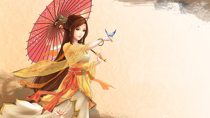 female anime character holding umbrella wallpaper, Fantasy, Women, Anime, Butterfly, Girl, Umbrella, HD wallpaper
