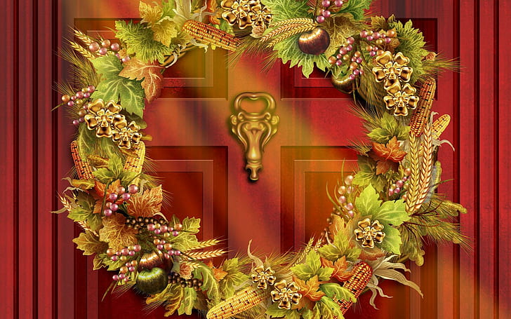 Thanksgiving wreath, green and brown fruit wreath print \, holidays, 1920x1200, door, thanksgiving, wreath, HD wallpaper