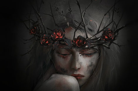 피, 그림, 판타지, 꽃, 여자, 슬픈, HD 배경 화면 HD wallpaper