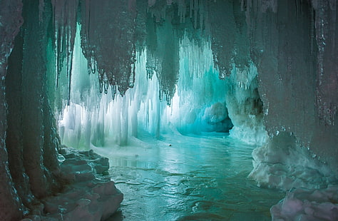 природа, пещера, солнечный свет, лед, мороз, ледники, сосулька, снег, HD обои HD wallpaper