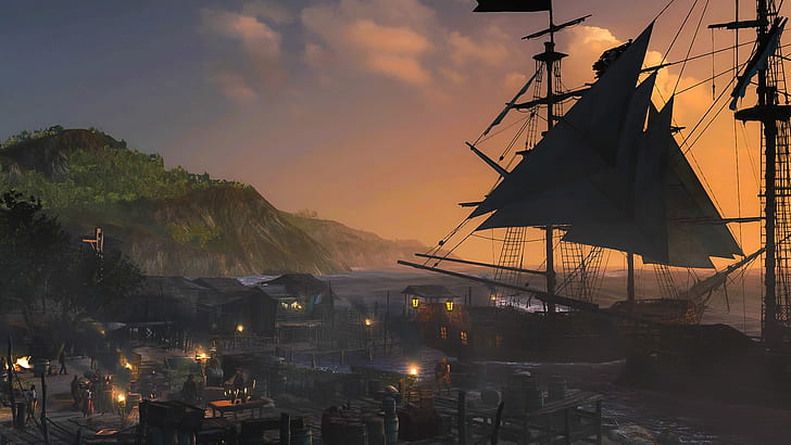 Fantasy, Pirate, Harbor, Ship, HD wallpaper