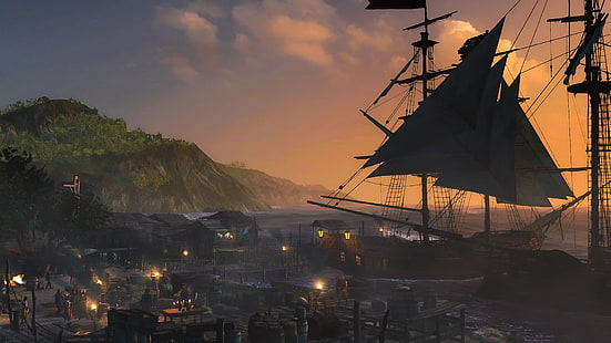 Fantasi, pirat, hamn, skepp, HD tapet HD wallpaper