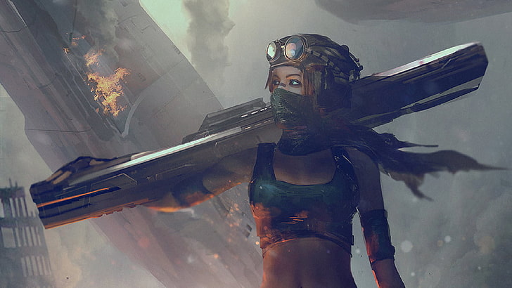 woman holding blaster weapon digital wallpaper, railguns, artwork, women, science fiction, HD wallpaper