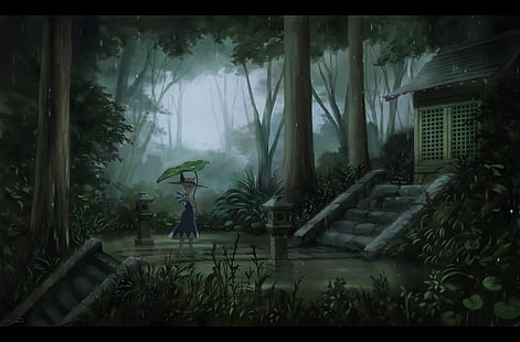 paisagem de anime, touhou, cirno, floresta, chovendo, anime, HD papel de parede HD wallpaper