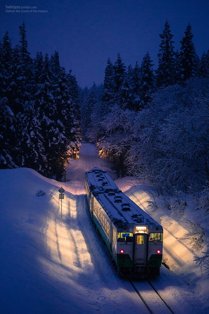 gray train, train, night, winter, HD wallpaper