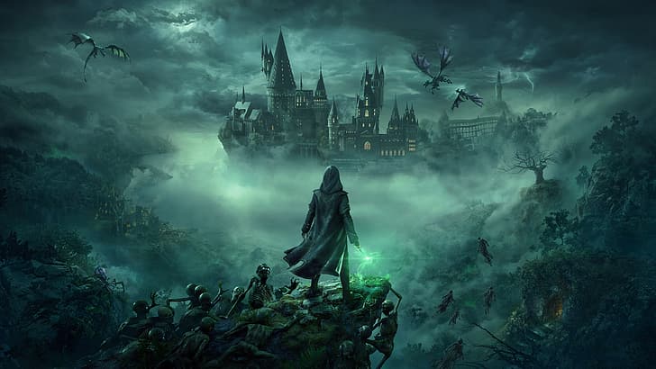 Dziedzictwo Hogwartu, zamek, fantasy art, mgła, ciemny, szkielet, grafika z gry wideo, niebo, chmury, smok, gry wideo, skały, burza, krajobraz, Tapety HD