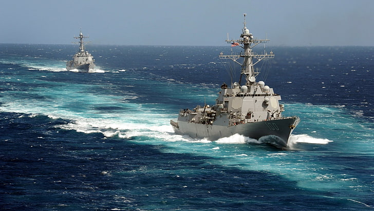 two sailing ships on ocean under blue sky during daytime, sea, Arleigh Burke Class Destroyer, USS Kidd, Destroyer, HD wallpaper