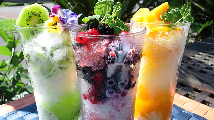 Лед бритый, летние напитки, фрукты, стеклянные чашки, бритые, лед, лето, напитки, фрукты, стекло, чашки, HD обои