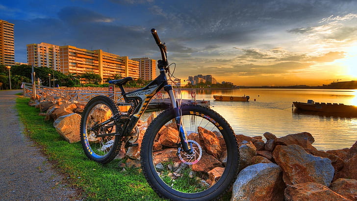 Città, costa, bici, tramonto, città, costa, bici, tramonto, Sfondo HD
