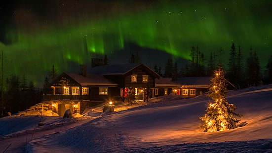 явление, полярные огни, рождество, рождественские огни, рождественская елка, елка, вечер, пейзаж, дом, северное сияние, ночь, освещение, дом, снег, зима, атмосфера, северное сияние, небо, HD обои HD wallpaper