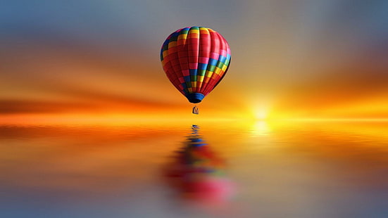 hot air balloons, air balloon, sunset, water, sport, HD wallpaper HD wallpaper