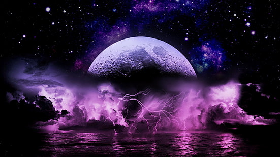 Science-Fiction, Planet, Wolke, Blitz, Lila, Himmel, Sterne, HD-Hintergrundbild HD wallpaper