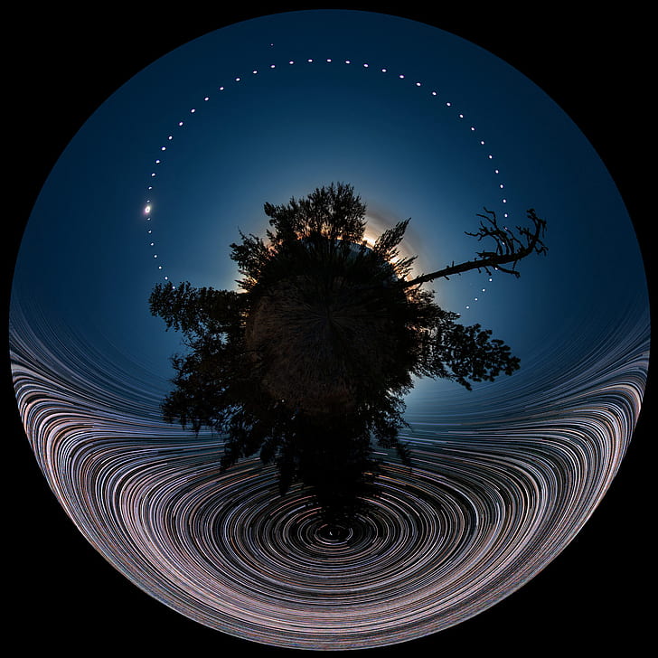 black background, Clear Sky, Distortion, Long Exposure, Panoramic Sphere, solar eclipse, space, sphere, stars, sun, Trees, universe, HD wallpaper