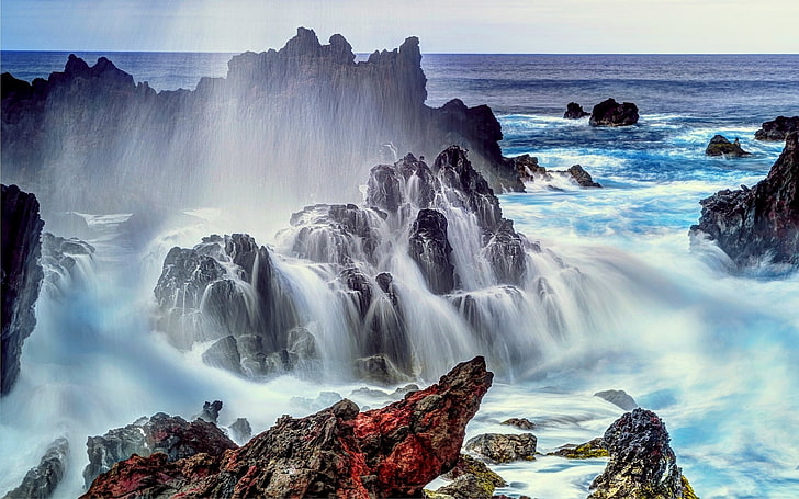Чили, крайбрежие, великденски остров, хоризонт, пейзаж, природа, скала, море, водопад, HD тапет