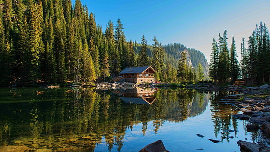 reflection, water, nature, lake, wilderness, log cabin, tree, house, cabin, sky, plant, bank, river, summer, HD wallpaper HD wallpaper