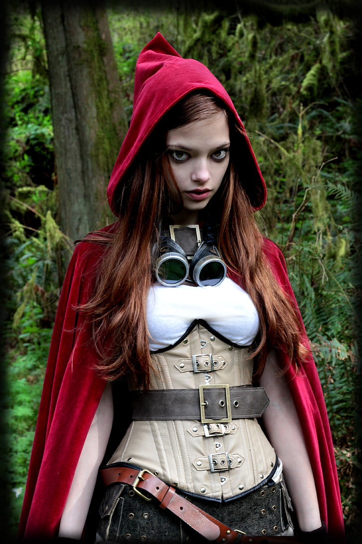 women's red cape screenshot, cosplay, steampunk, Little Red Riding Hood, HD wallpaper
