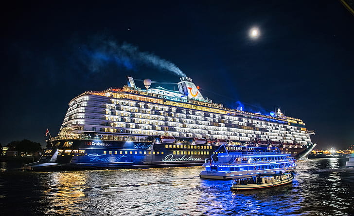 night, river, Germany, liner, Hamburg, cruise, ships, Elbe River, The Elbe River, HD wallpaper