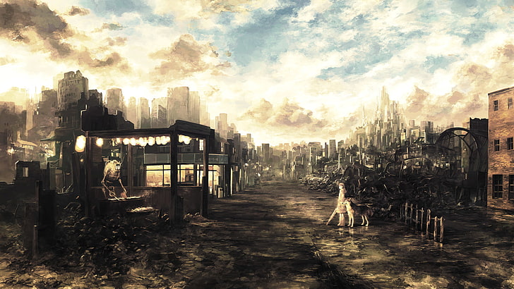 Anime Girls, apocalyptic, city, dog, fantasy Art, Manga, Mixtape 2, Ruin, Wasteland, HD wallpaper