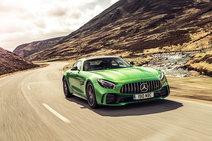 time lapse photography of green Mercedes-Benz sports car on gray asphalt road, Mercedes-AMG GT R, 2018, 4K, HD wallpaper