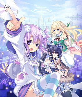 Hyperdimension Neptunia, anime dziewczyny, Neptune (Hyperdimension Neptunia), Blanc (Hyperdimension Neptunia), Vert (Hyperdimension Neptunia), Noire (Hyperdimension Neptunia), anime, Tapety HD HD wallpaper
