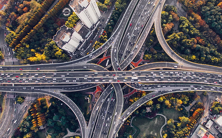 Highway, Judge Harry Pregerson Interchange, 4K, Traffic, Los Angeles, United States, California, Aerial view, HD wallpaper