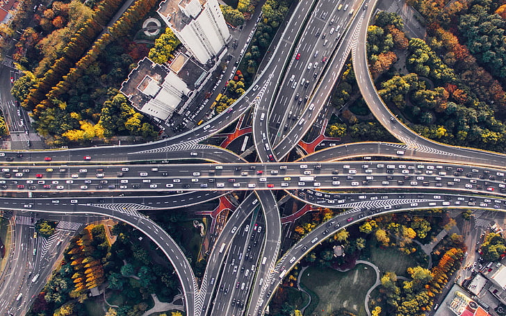 Highway, Judge Harry Pregerson Interchange, Aerial view, Traffic, Los Angeles, California, United States, 4K, HD wallpaper