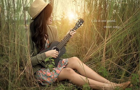 black ukulele, girl, nature, music, guitar, HD wallpaper HD wallpaper