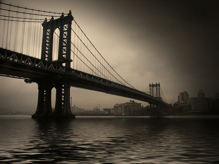 most, Manhattan Bridge, monochromatyczny, miasto, rzeka, Tapety HD