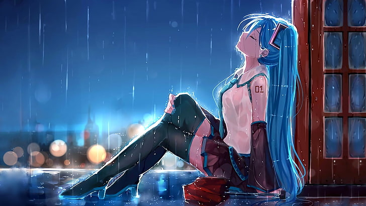animated schoolgirl feeling the rain wallpaper, anime, anime girls, Hatsune Miku, Vocaloid, long hair, night, rain, hair ornament, umbrella, city, blue hair, skirt, tie, blue, HD wallpaper