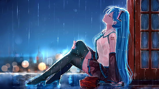 anak sekolah animasi merasakan wallpaper hujan, anime, gadis anime, Hatsune Miku, Vocaloid, rambut panjang, malam, hujan, hiasan rambut, payung, kota, rambut biru, rok, dasi, biru, Wallpaper HD HD wallpaper