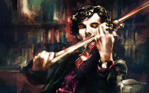 man playing violin painting, Benedict Cumberbatch, alicexz, violin, Sherlock, Sherlock Holmes, artwork, HD wallpaper HD wallpaper