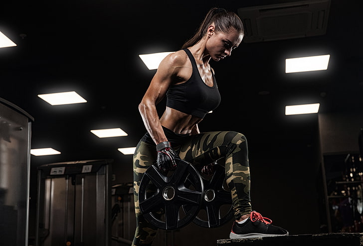 female, workout, fitness, gym, Disk weight, HD wallpaper