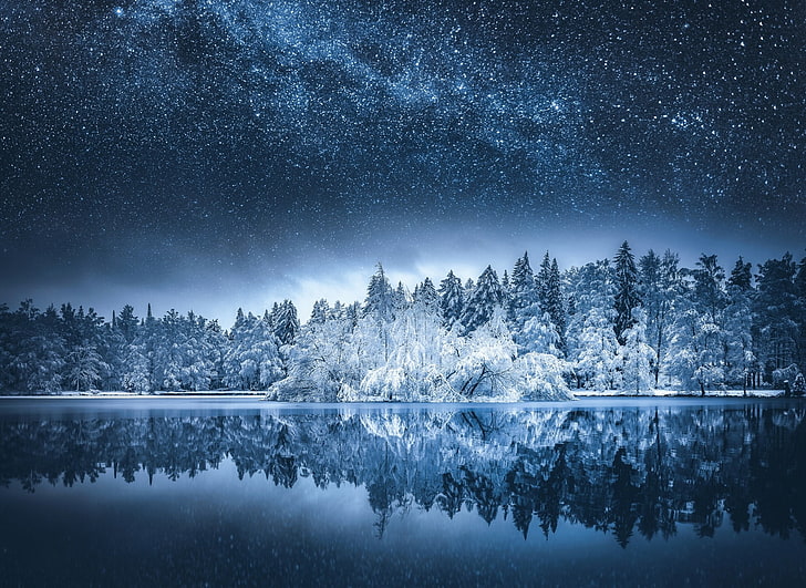 body of water and trees, trees beside body of water, nature, landscape, snow, Milky Way, lake, starry night, water, reflection, forest, fall, trees, Finland, long exposure, HD wallpaper