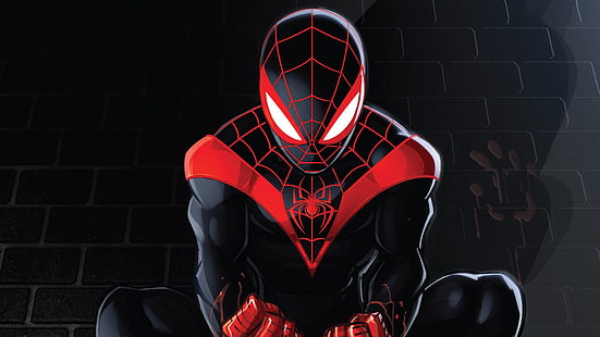 Червено, черно, костюм, герой, маска, комикс, супергерой, чудо, човек-паяк, комикси, Майлс Моралес, HD тапет HD wallpaper